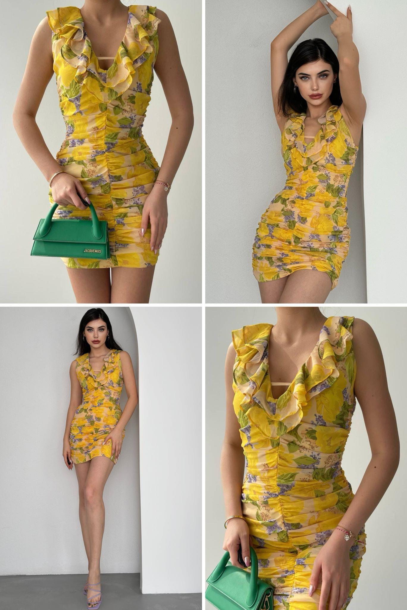 Şifon Kumaş Yaka Volanlı Drapeli Tasarım Elbise