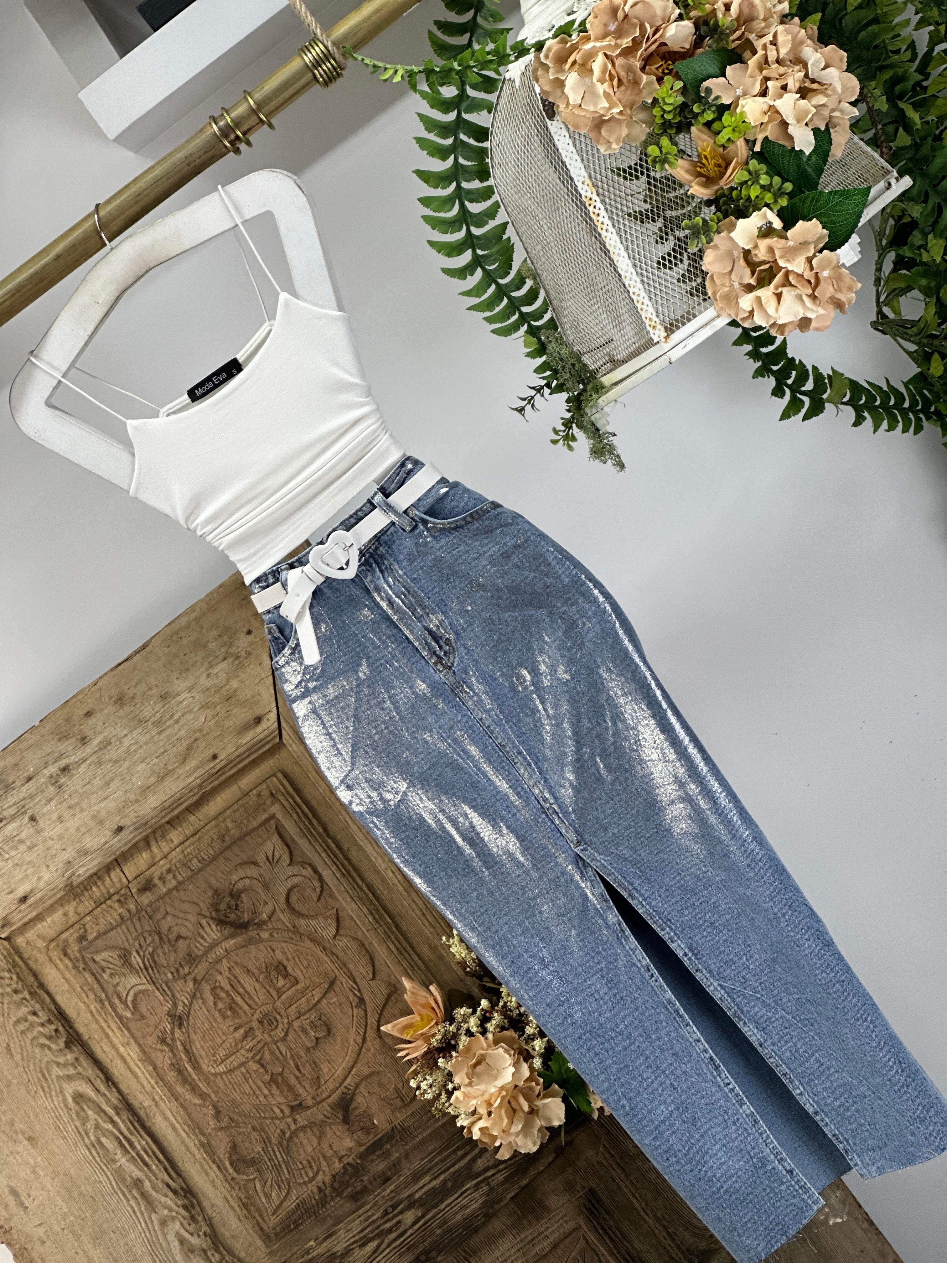 Sim Yıkamalı Yırtmaç Detaylı Uzun Jean Etek 