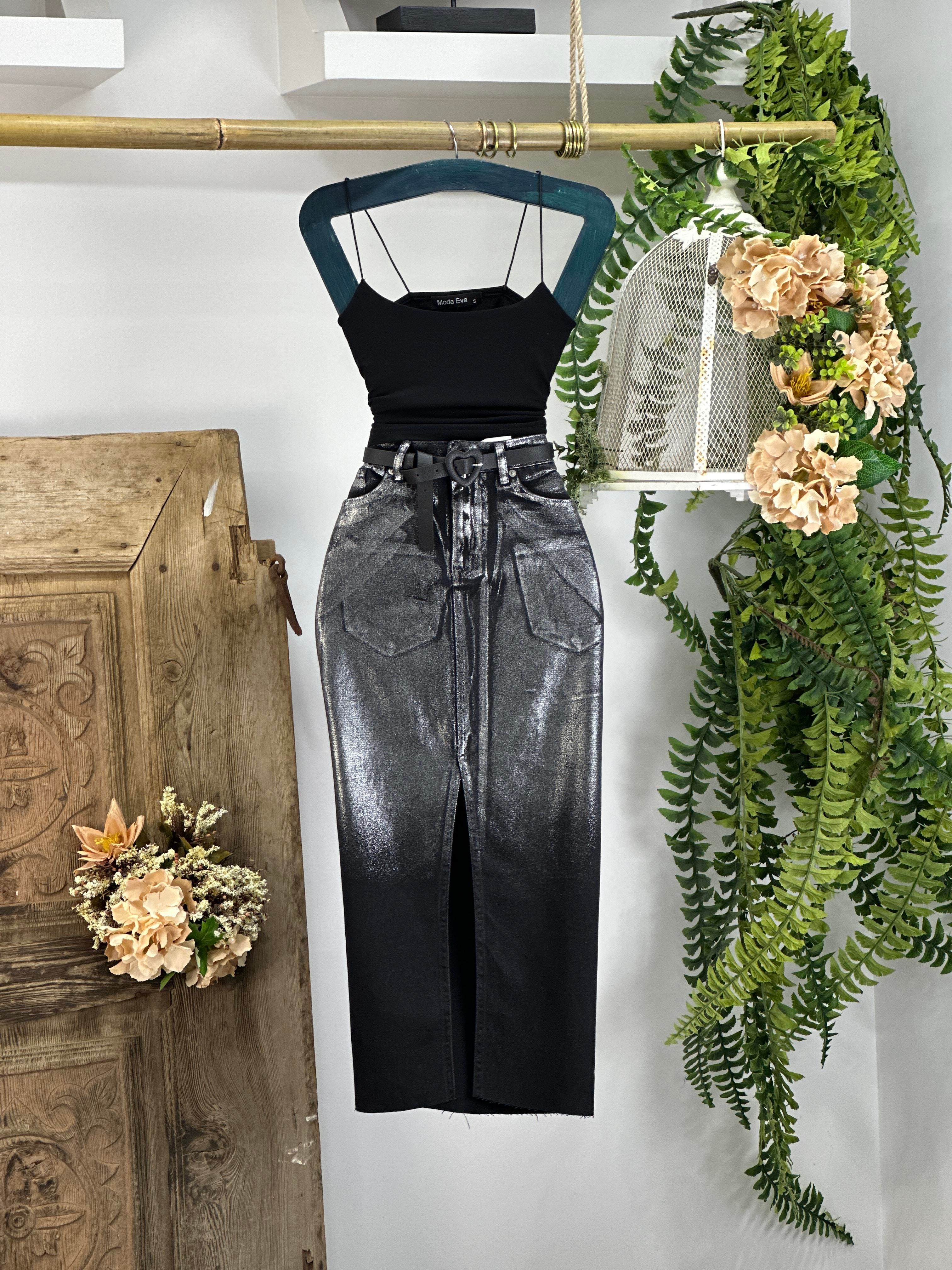 Sim Yıkamalı Yırtmaç Detaylı Uzun Jean Etek 