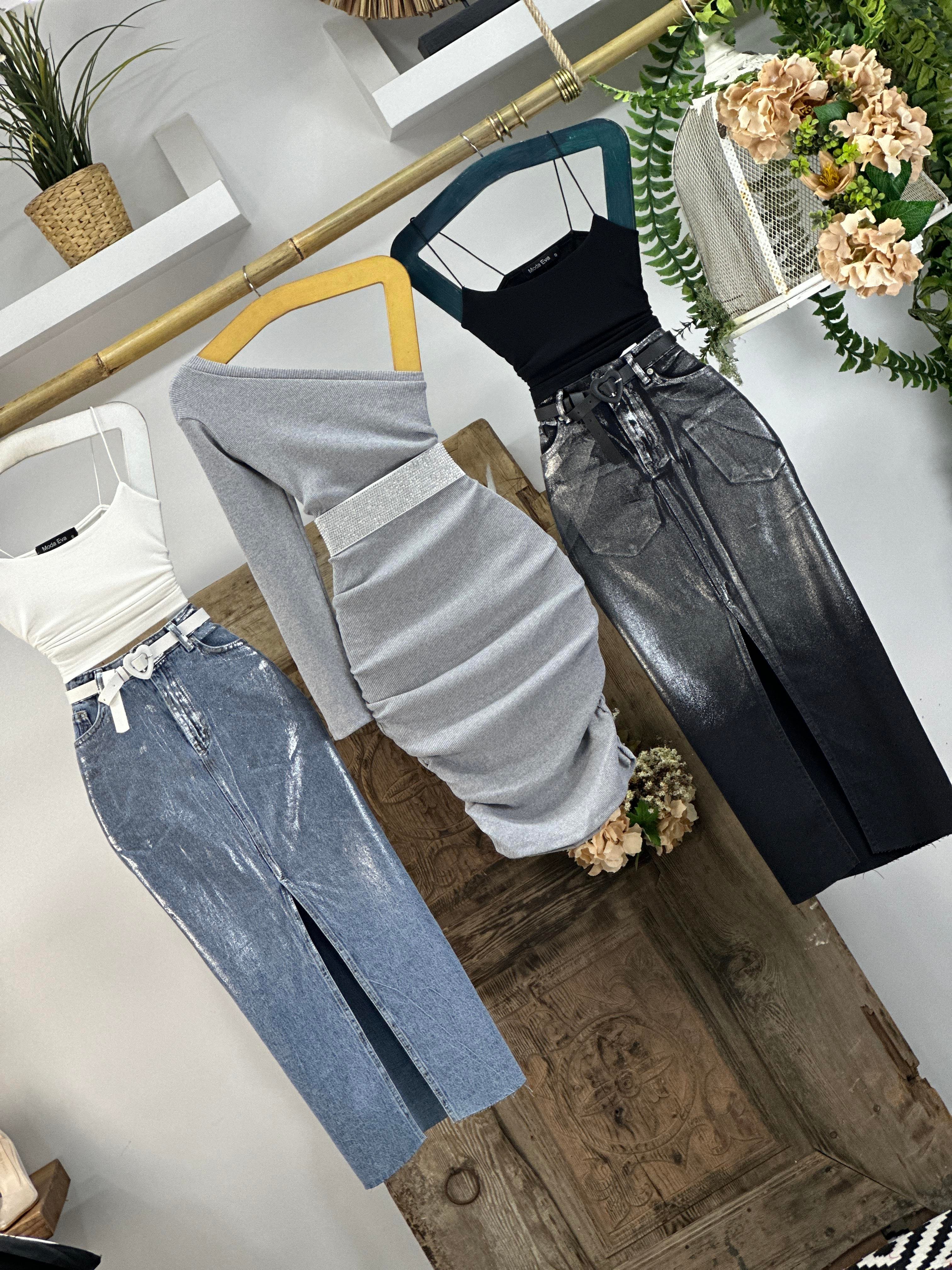 Sim Yıkamalı Yırtmaç Detaylı Uzun Jean Etek 