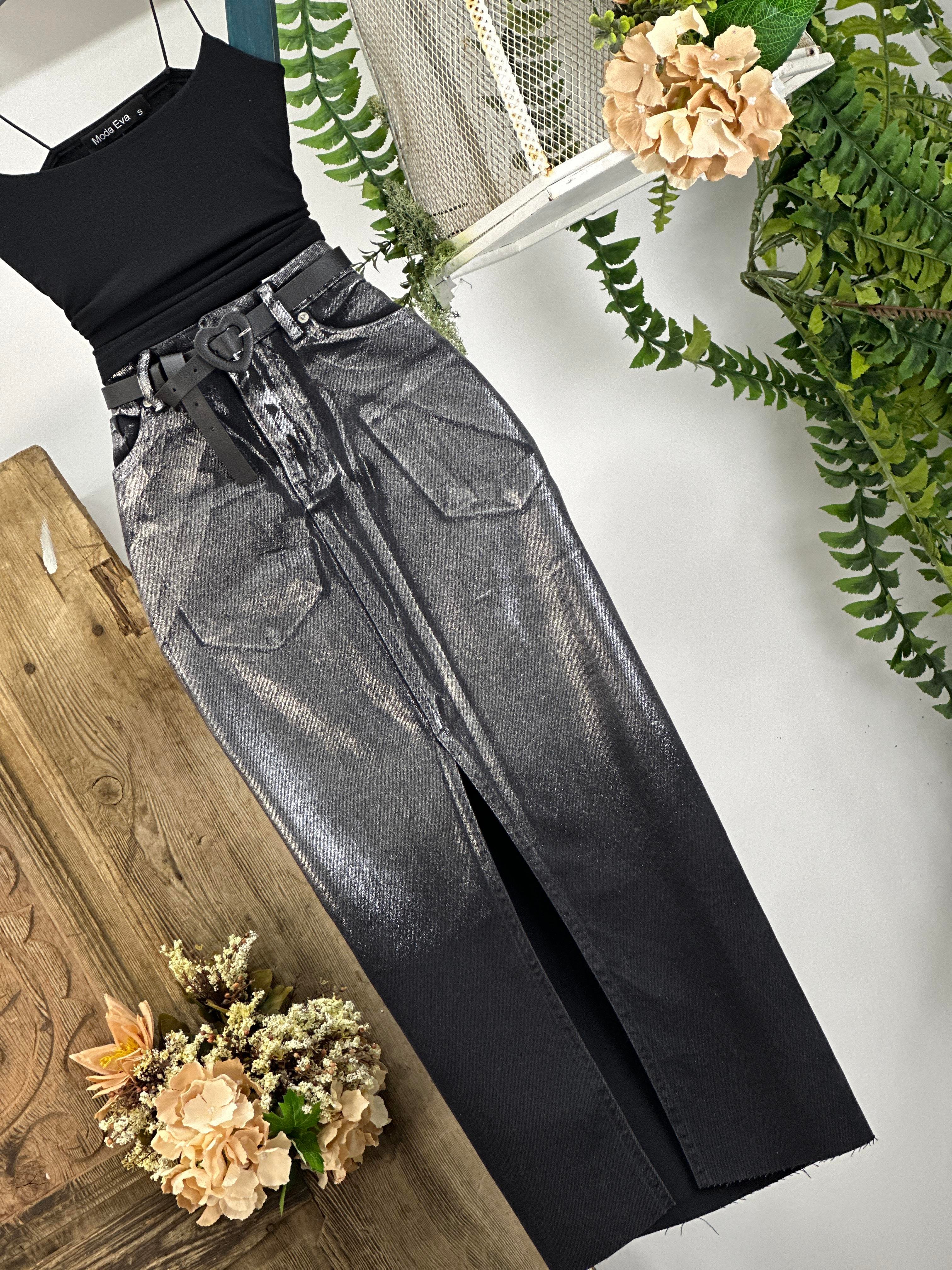 Sim Yıkamalı Yırtmaç Detaylı Uzun Jean Etek 