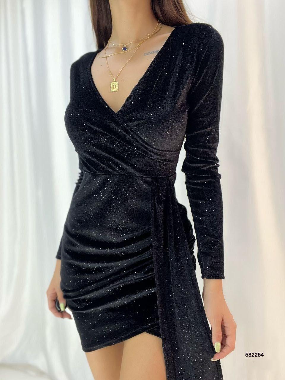 Simli Kadife Kumaş Drapeli Tasarım Elbise