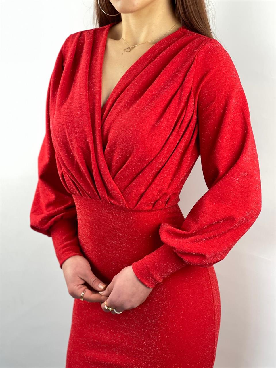 Simli Likralı Crep kumaş Kruvaze yaka Uzun Kalem Elbisemiz