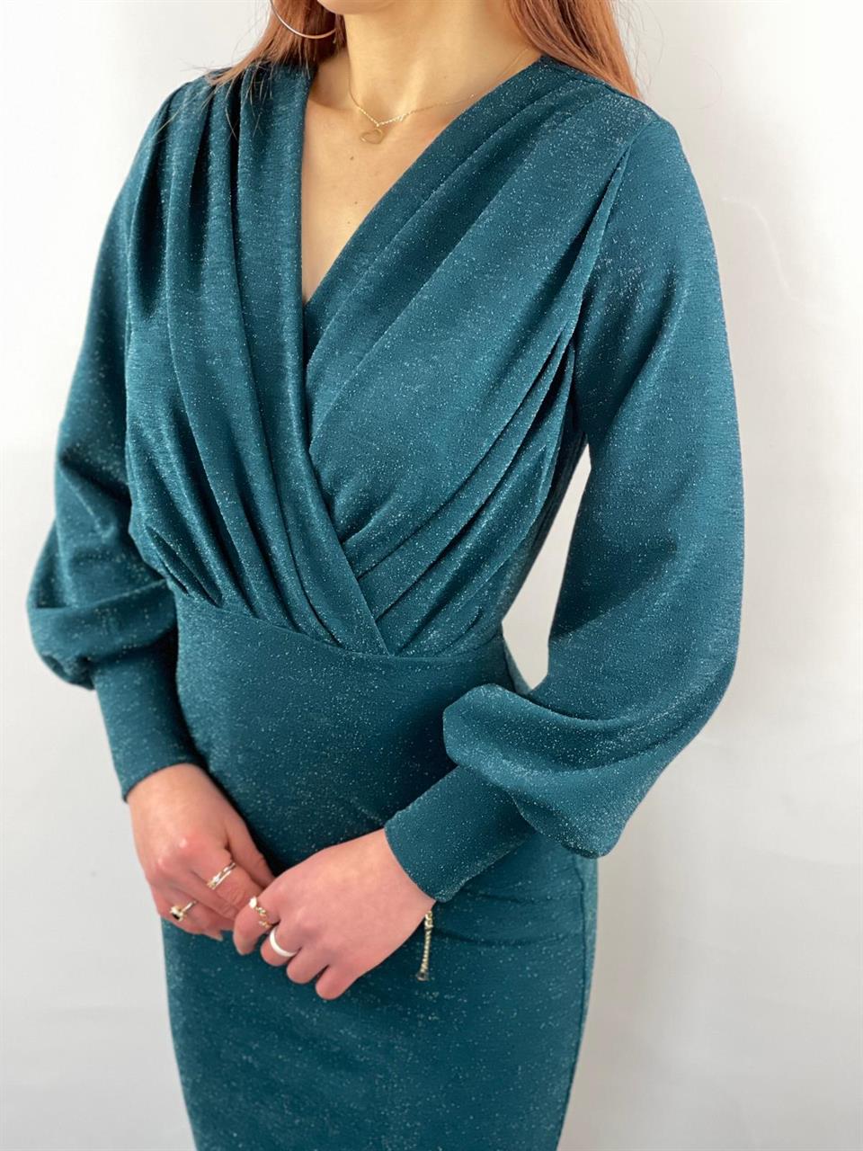 Simli Likralı Crep kumaş Kruvaze yaka Uzun Kalem Elbisemiz