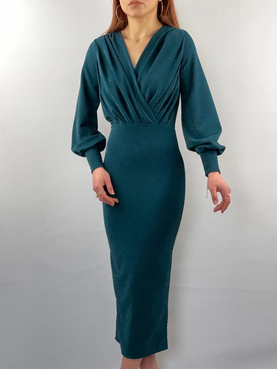 Simli Likralı Crep kumaş Kruvaze yaka Uzun Kalem Elbisemiz