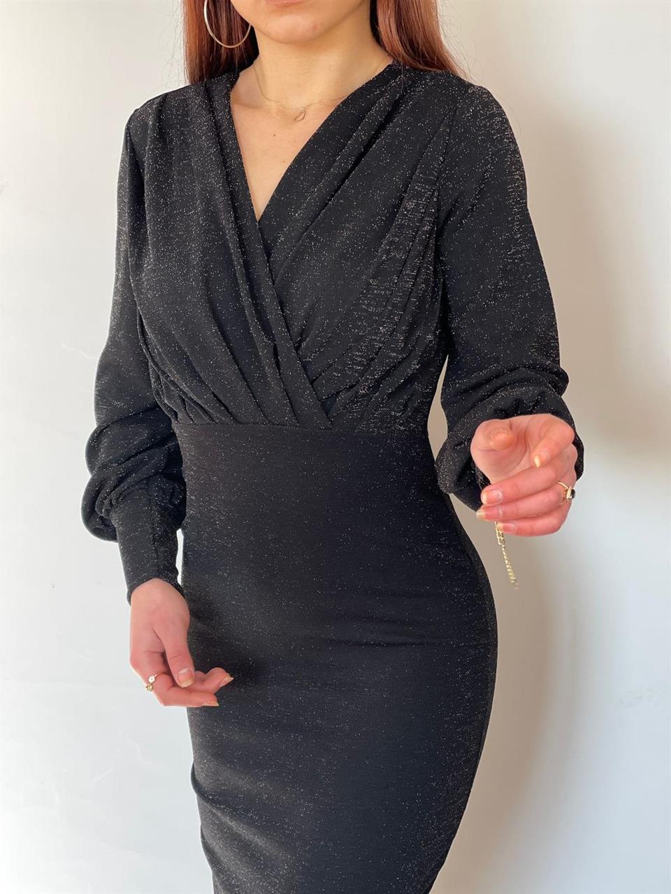 Simli Likralı Crep kumaş Kruvaze yaka Uzun Kalem Elbisemiz