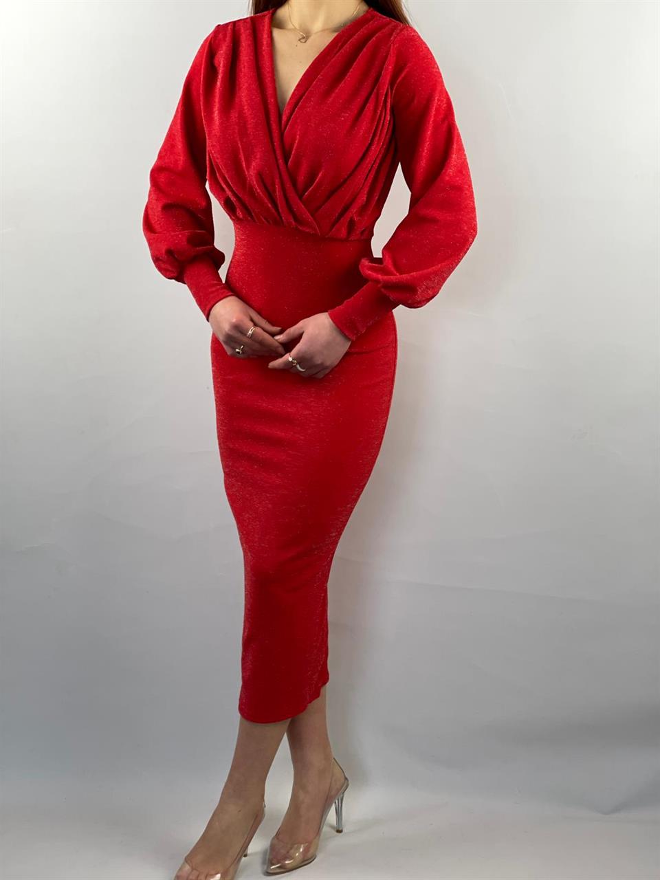 Simli Likralı Crep kumaş Kruvaze yaka Uzun Kalem Elbisemiz