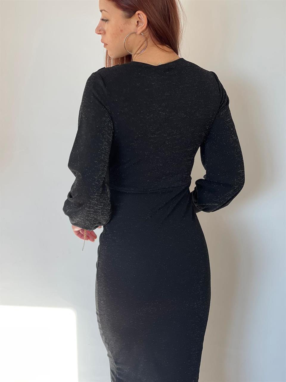 Simli Likralı Crep kumaş Kruvaze yaka Uzun Kalem Elbisemiz