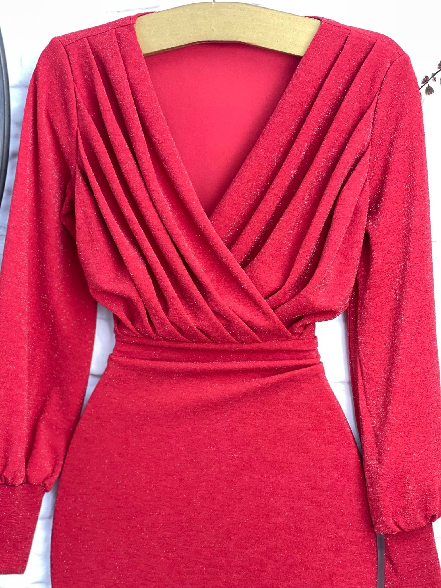 Simli Likralı Crep kumaş Kruvaze yaka Uzun Kalem Elbisemiz