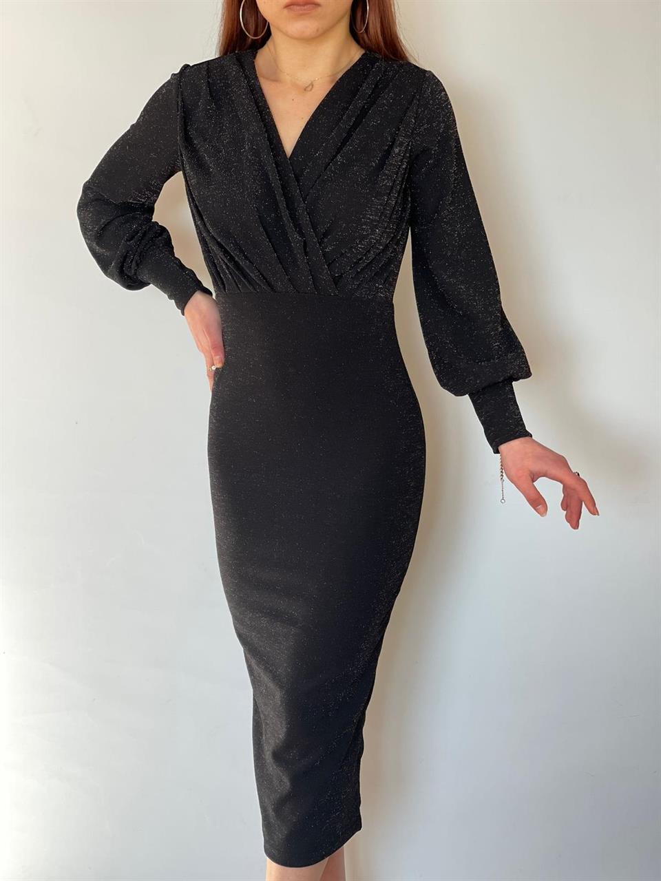 Simli Likralı Crep kumaş Kruvaze yaka Uzun Kalem Elbisemiz