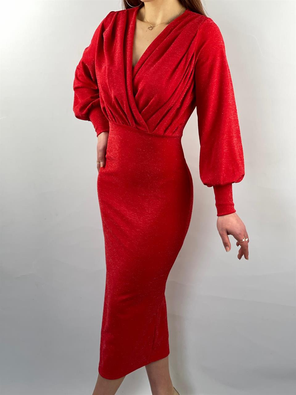 Simli Likralı Crep kumaş Kruvaze yaka Uzun Kalem Elbisemiz