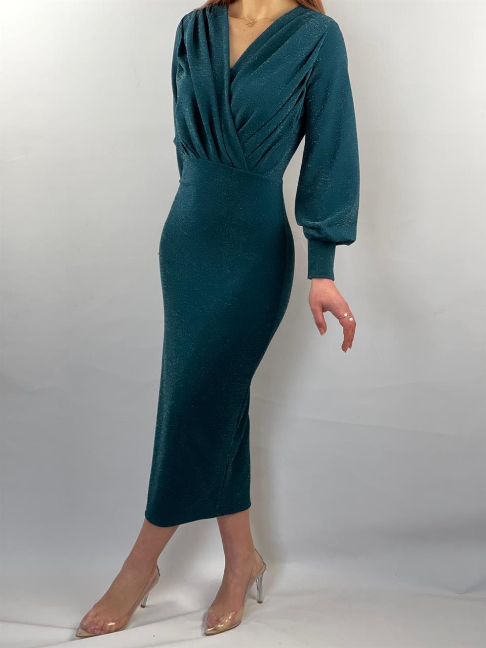 Simli Likralı Crep kumaş Kruvaze yaka Uzun Kalem Elbisemiz