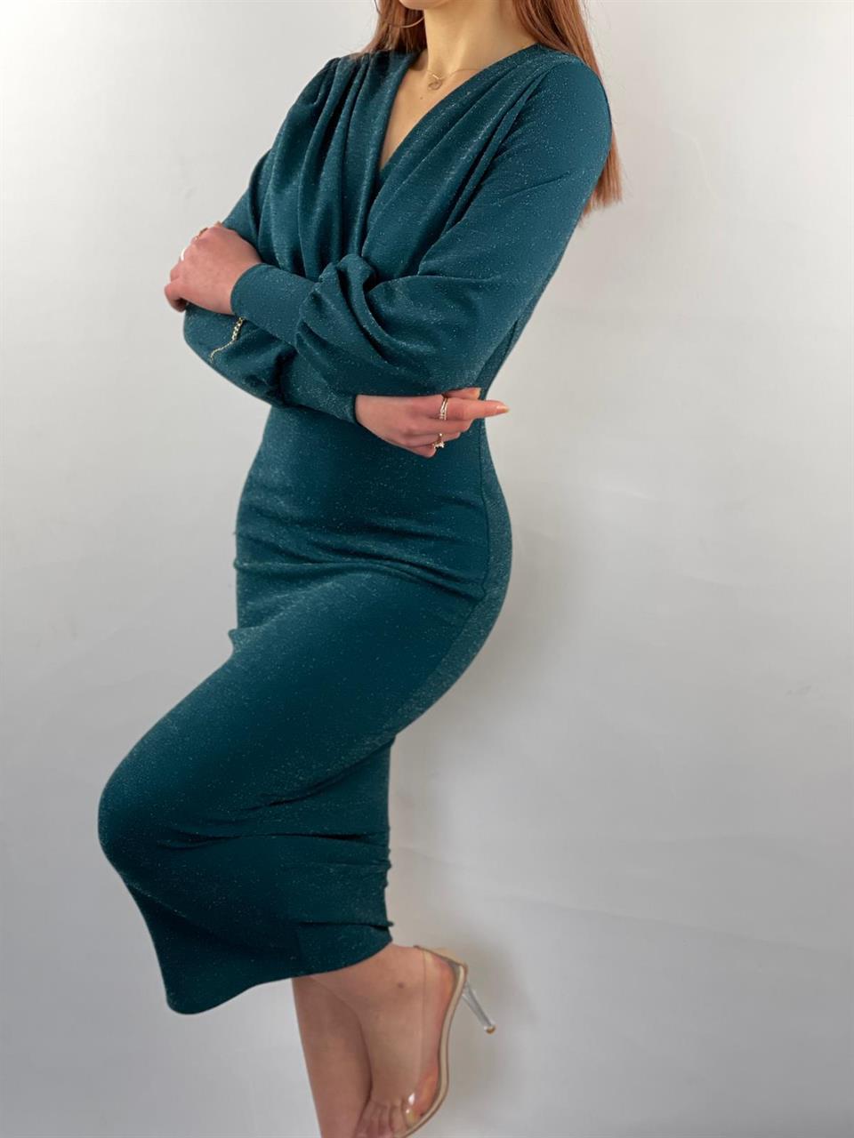 Simli Likralı Crep kumaş Kruvaze yaka Uzun Kalem Elbisemiz