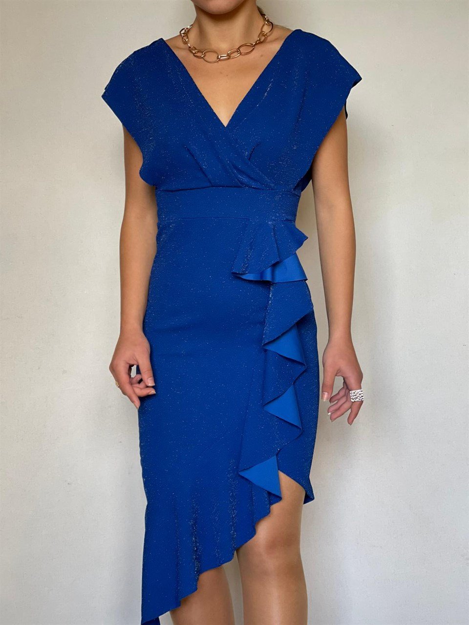 Simli Likralı Crep Kumaş Volan Detay Tasarım Elbise