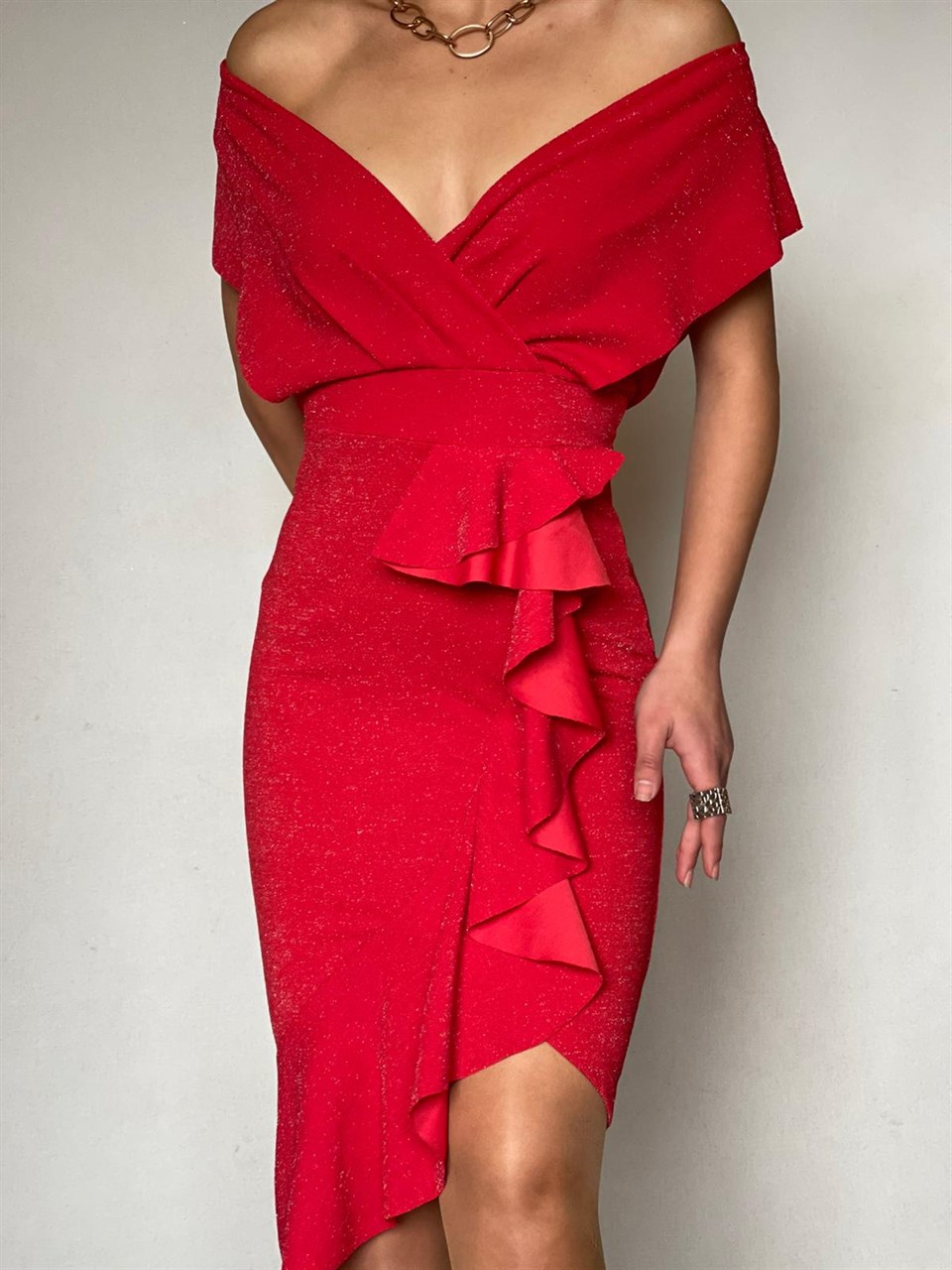 Simli Likralı Crep Kumaş Volan Detay Tasarım Elbise