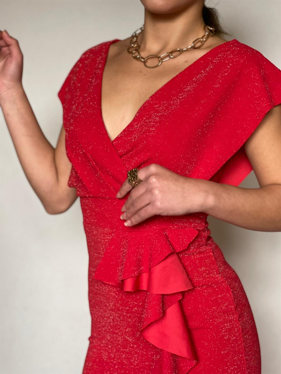 Simli Likralı Crep Kumaş Volan Detay Tasarım Elbise