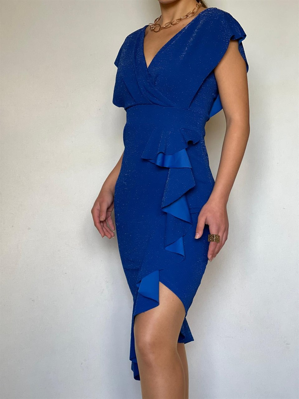 Simli Likralı Crep Kumaş Volan Detay Tasarım Elbise