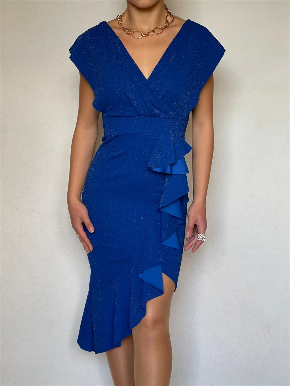 Simli Likralı Crep Kumaş Volan Detay Tasarım Elbise