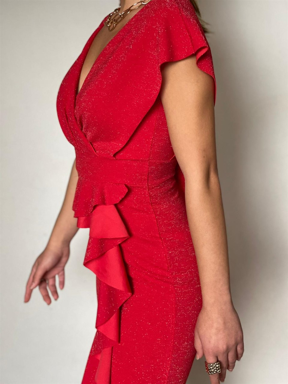 Simli Likralı Crep Kumaş Volan Detay Tasarım Elbise