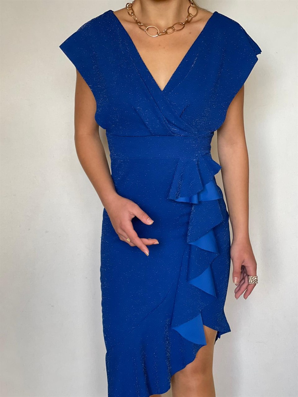 Simli Likralı Crep Kumaş Volan Detay Tasarım Elbise