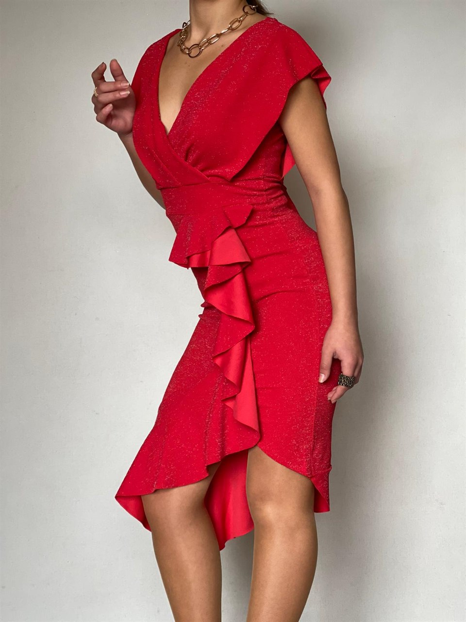 Simli Likralı Crep Kumaş Volan Detay Tasarım Elbise