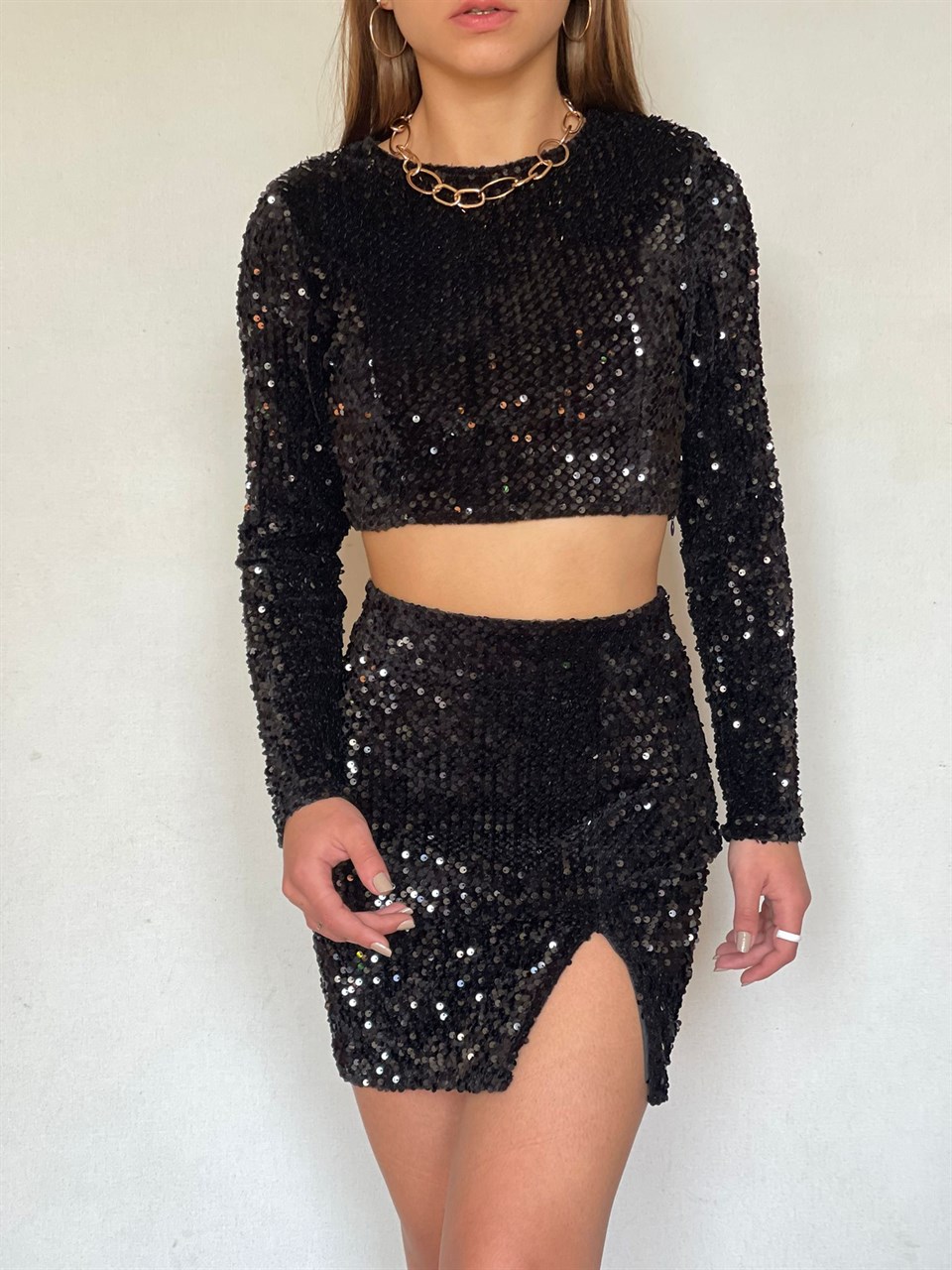 Siyah Payet Mini Etek Bluz İkili Takım