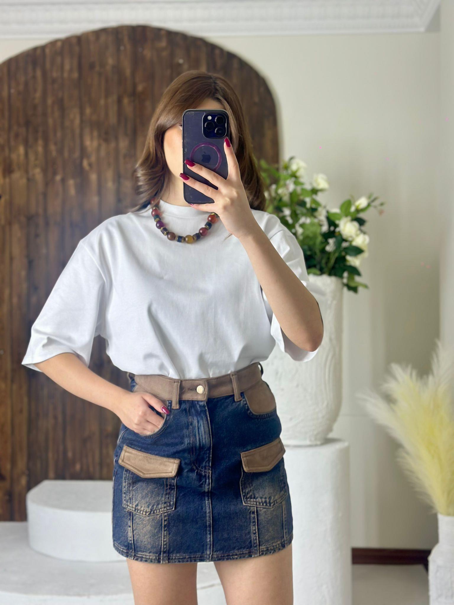 Süet Detay Cepli Jean Mini Etek