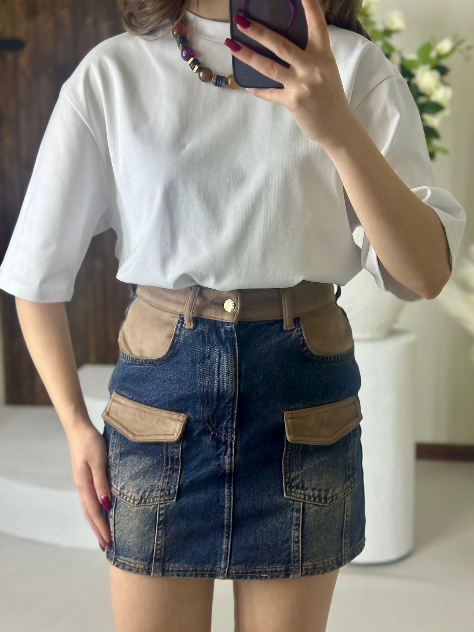 Süet Detay Cepli Jean Mini Etek