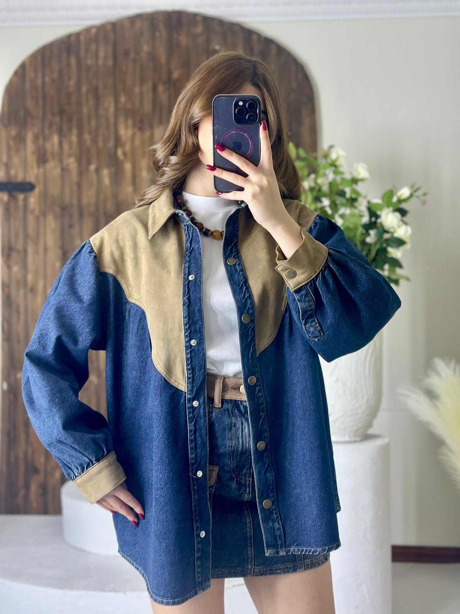 Süet Detay Oversize Jean Gömlek