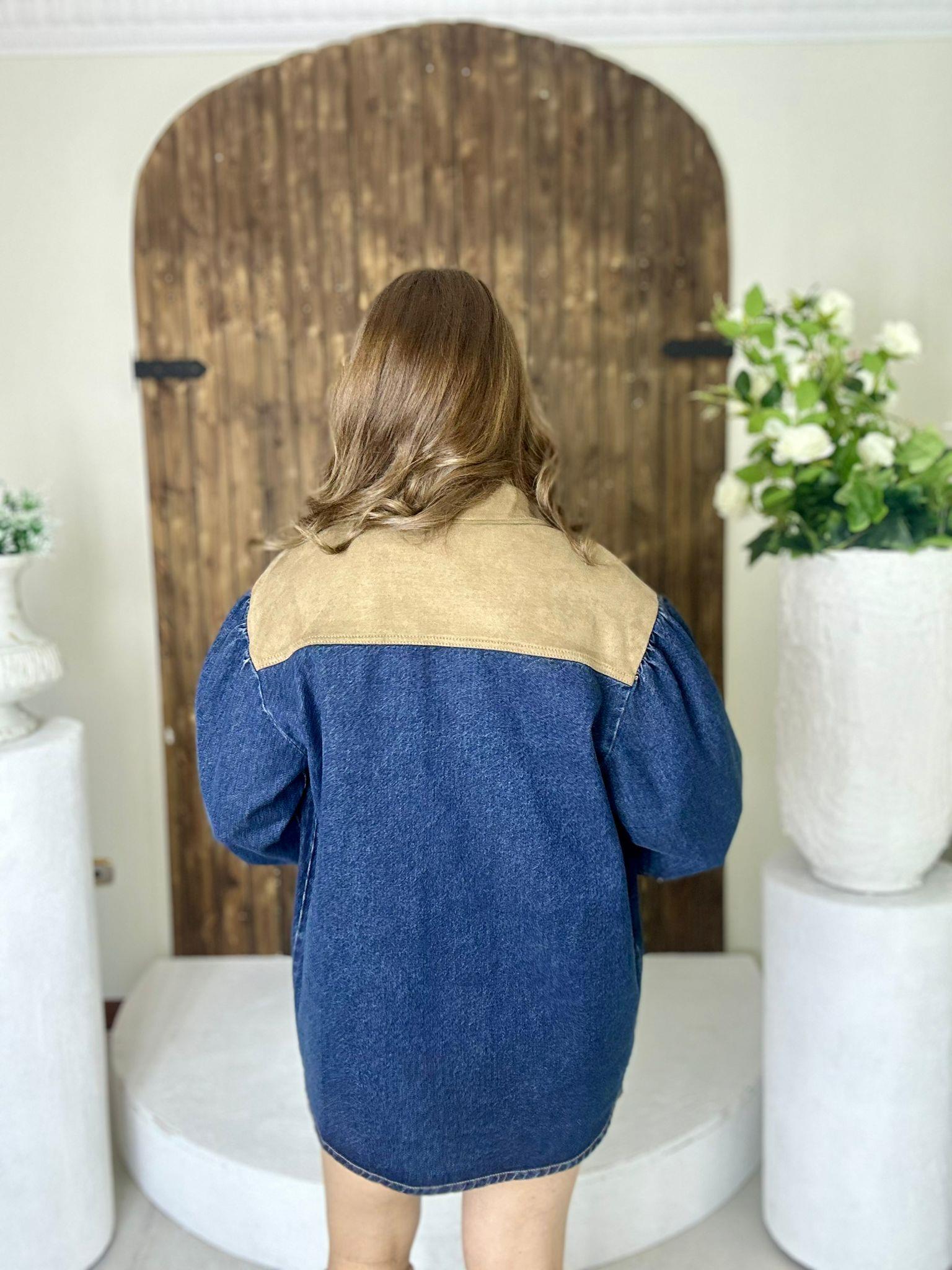 Süet Detay Oversize Jean Gömlek