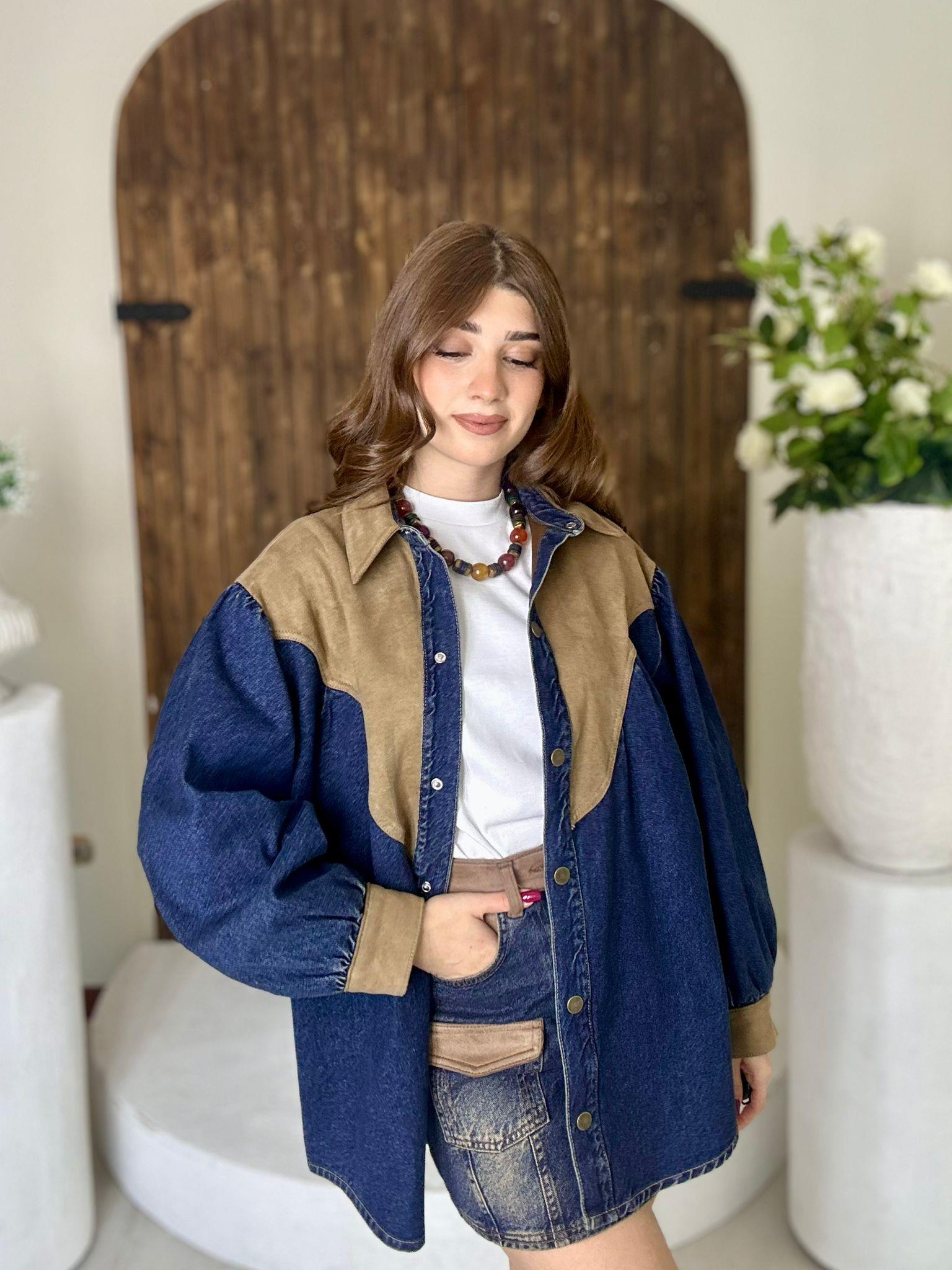 Süet Detay Oversize Jean Gömlek