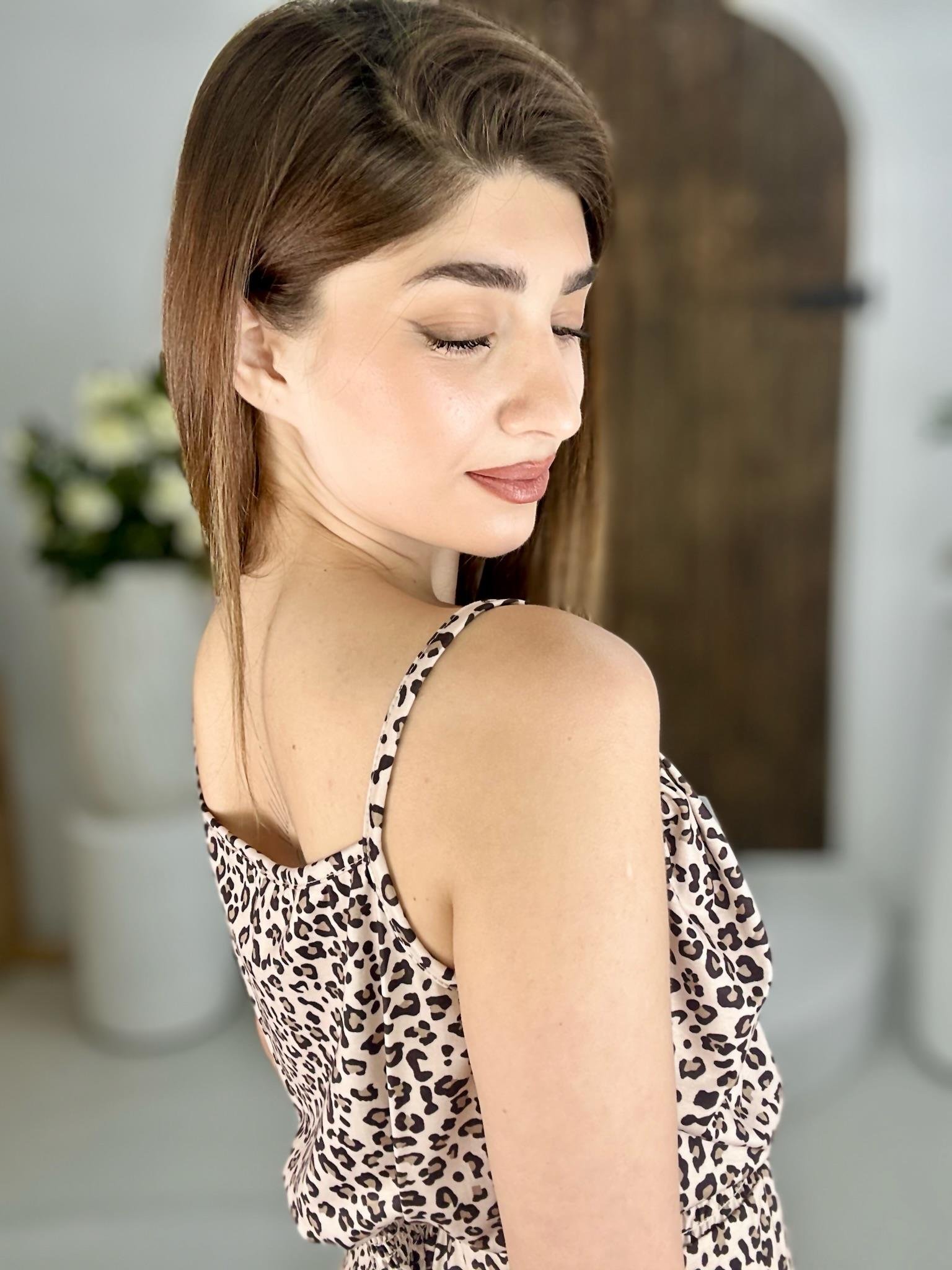 Süprem Kumaş Leopar Desenli Kloş Elbise