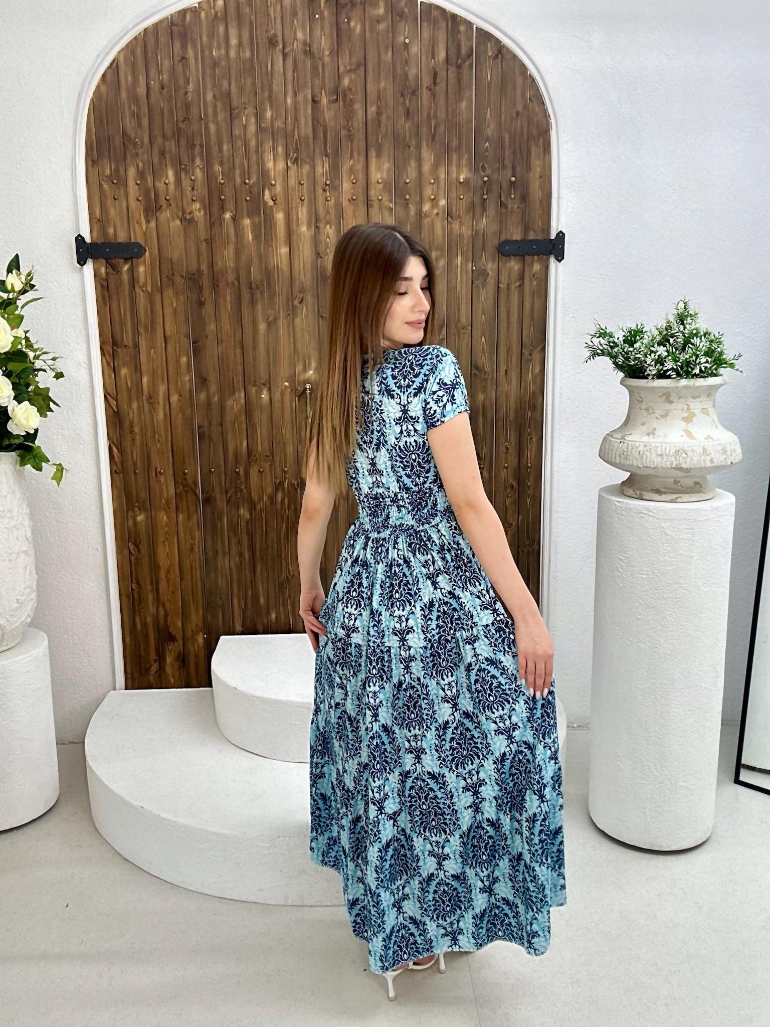 Süprem Kumaş Mavi Desenli Beli Gipeli Uzun Elbise