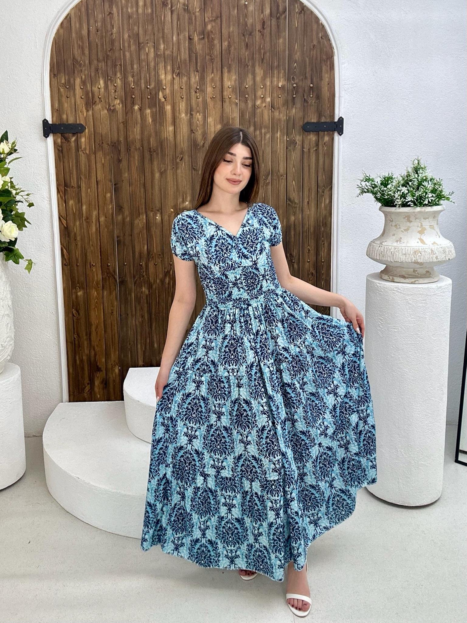 Süprem Kumaş Mavi Desenli Beli Gipeli Uzun Elbise