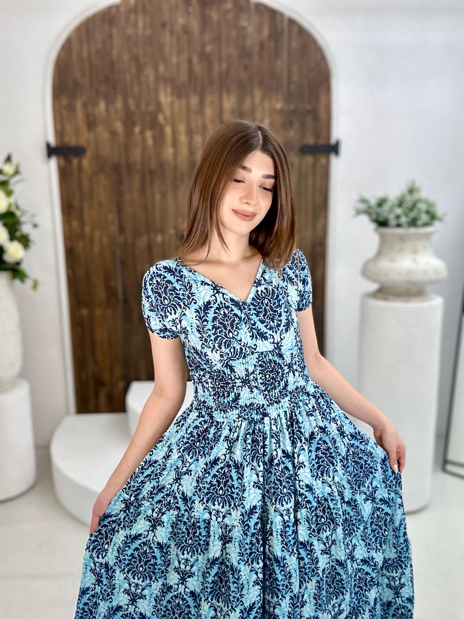 Süprem Kumaş Mavi Desenli Beli Gipeli Uzun Elbise