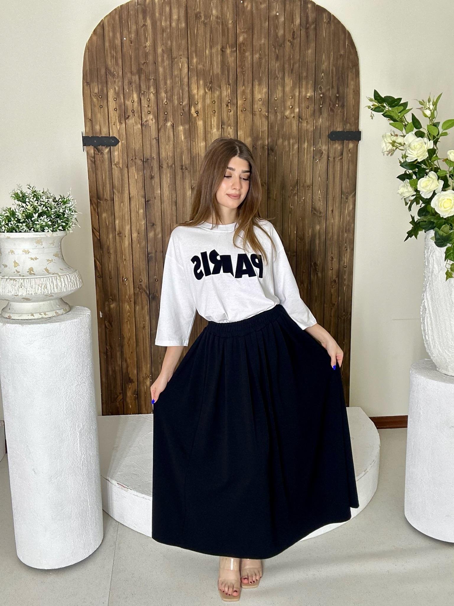 Süprem Kumaş Paris T-shirt ve Midi İkili Takım