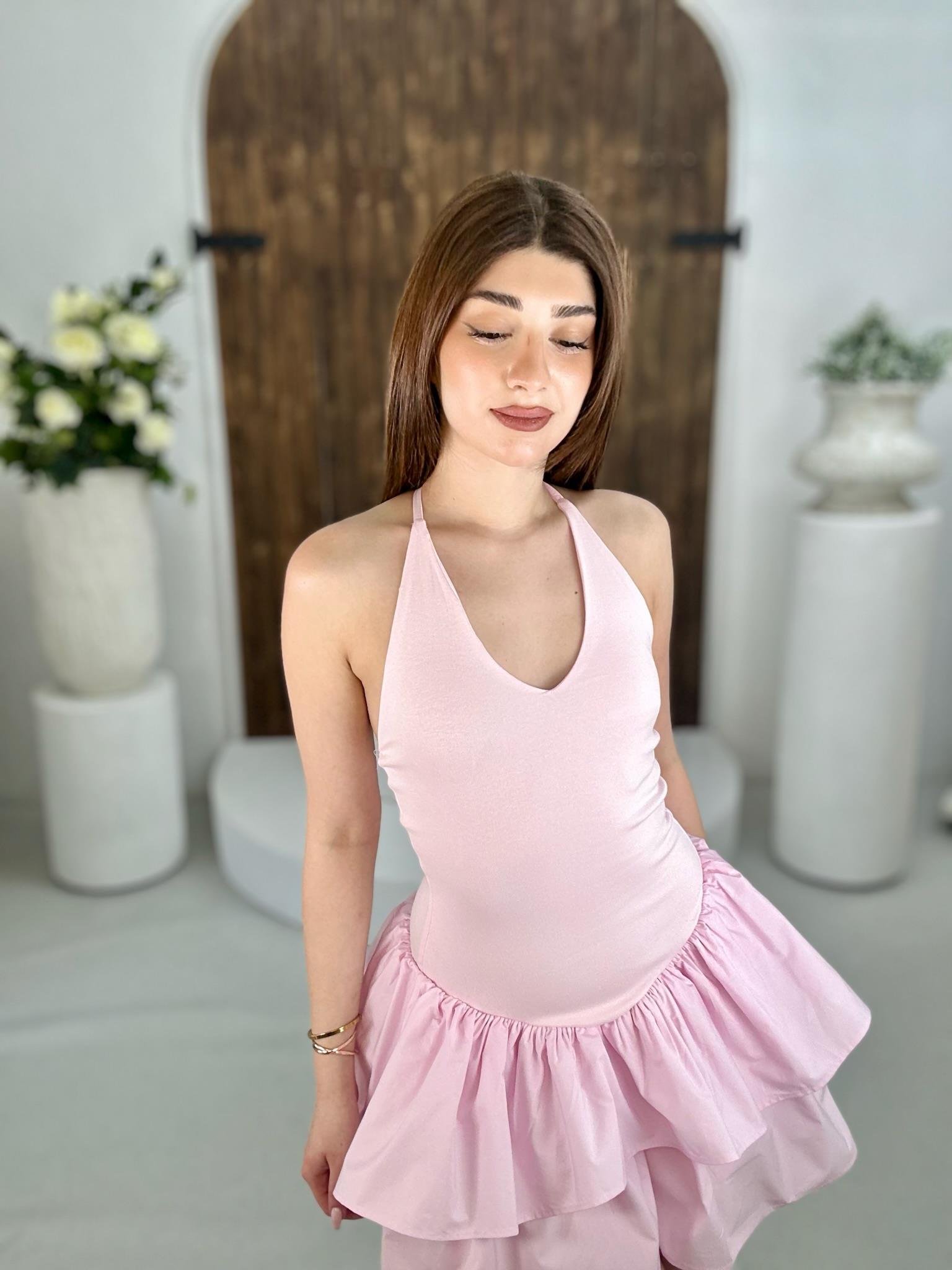 Süprem & Poplin Kumaş Kat Etekli Elbise Pudra