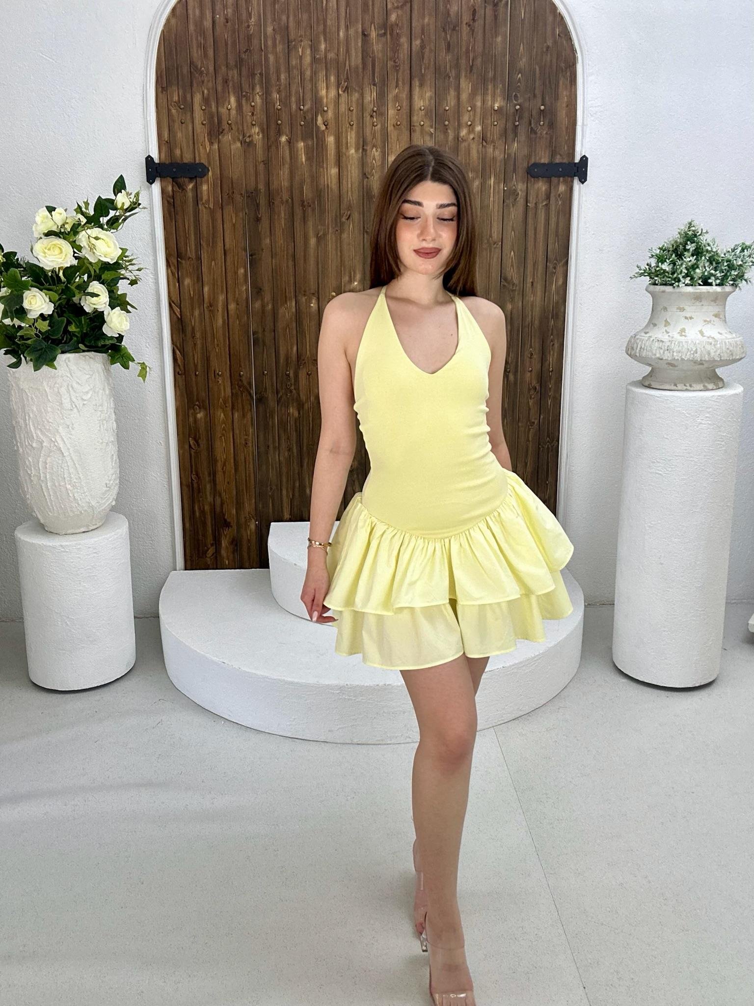 Süprem & Poplin Kumaş Kat Etekli Elbise Sarı