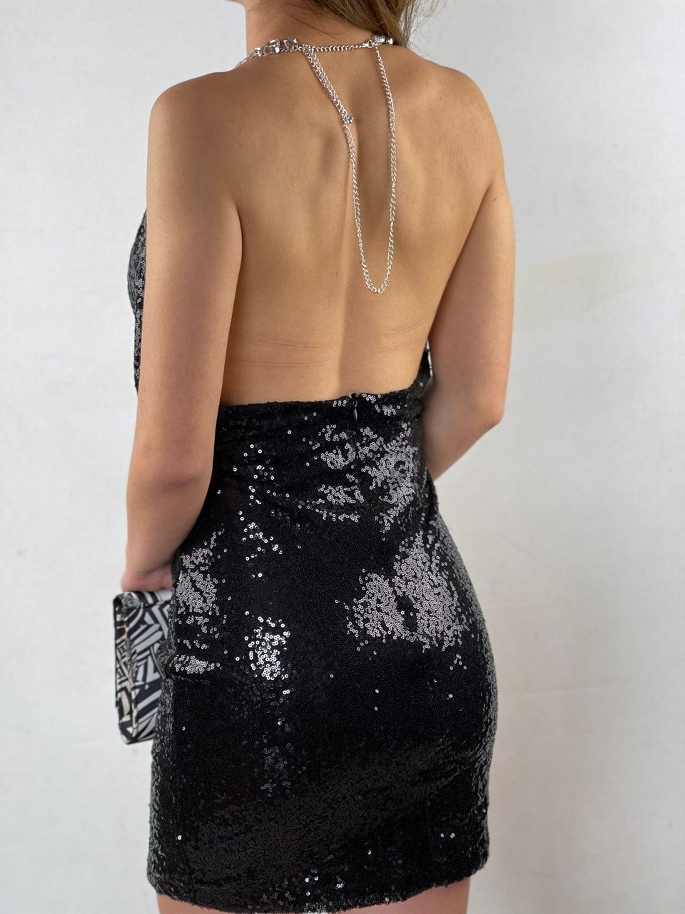 Taş Dizayn Payetli Sırt Dekolte Özel Kolleksiyon Siyah Elbise