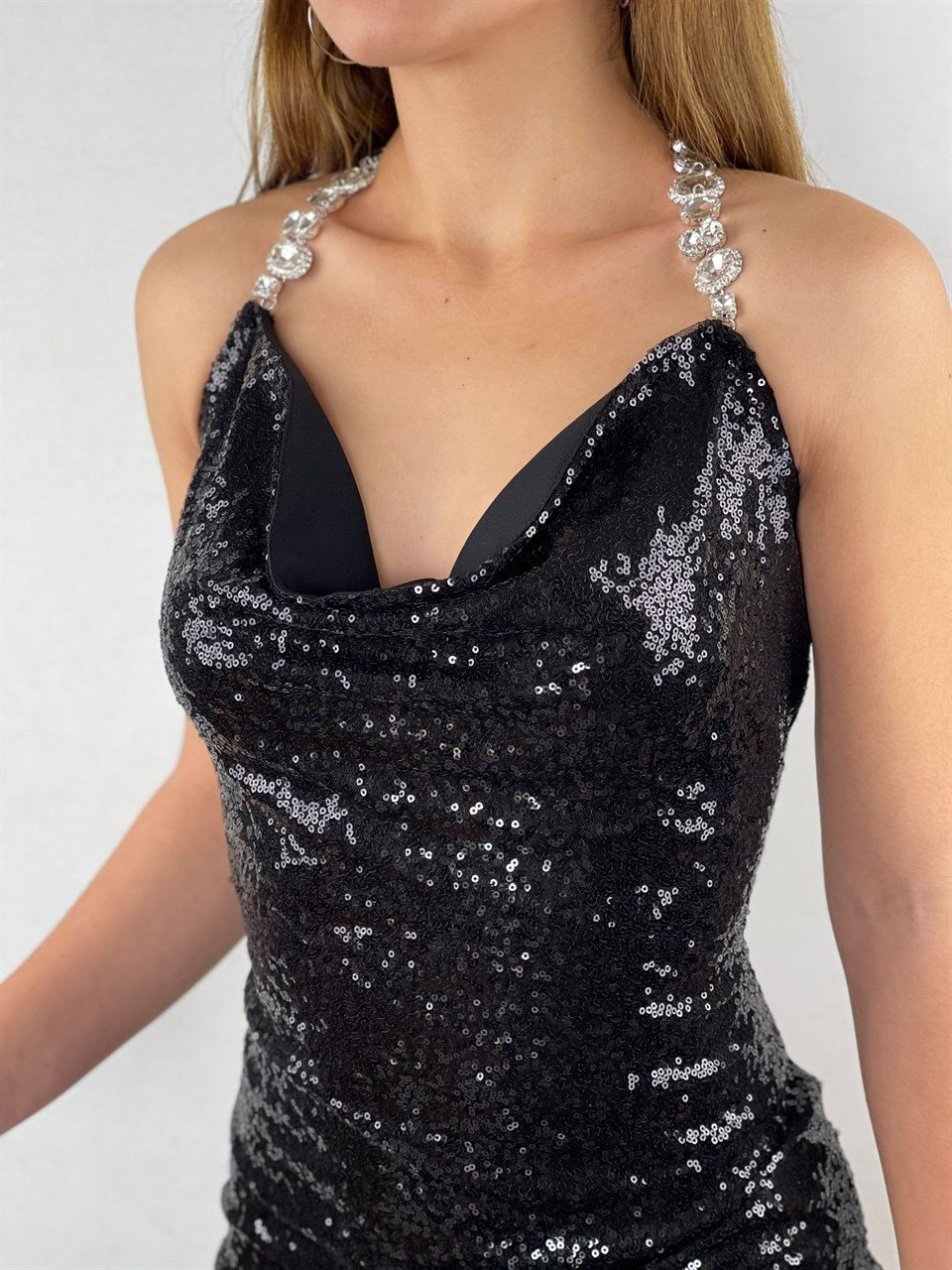 Taş Dizayn Payetli Sırt Dekolte Özel Kolleksiyon Siyah Elbise