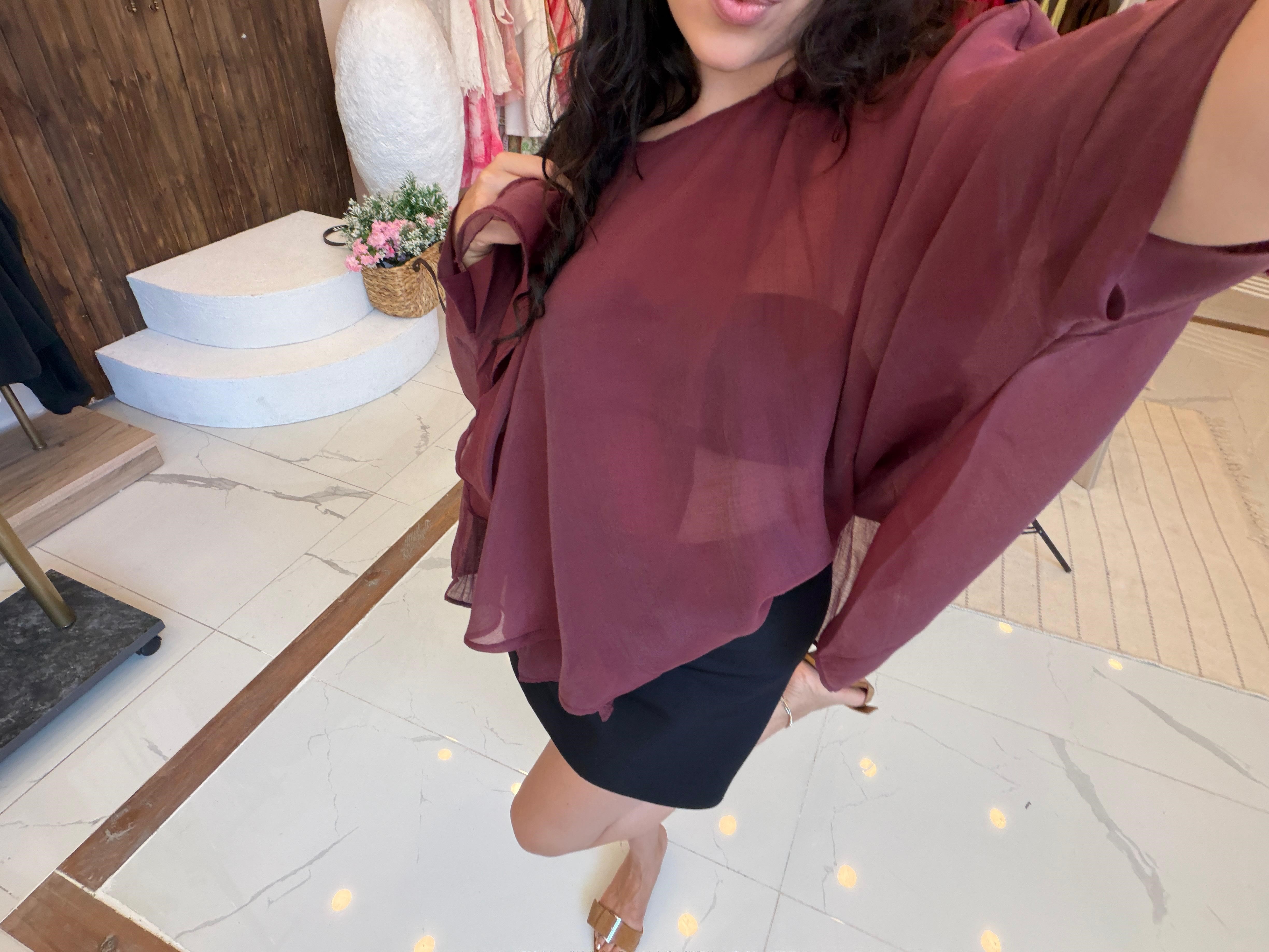 Tasarım Pelerin Bluz Bordo
