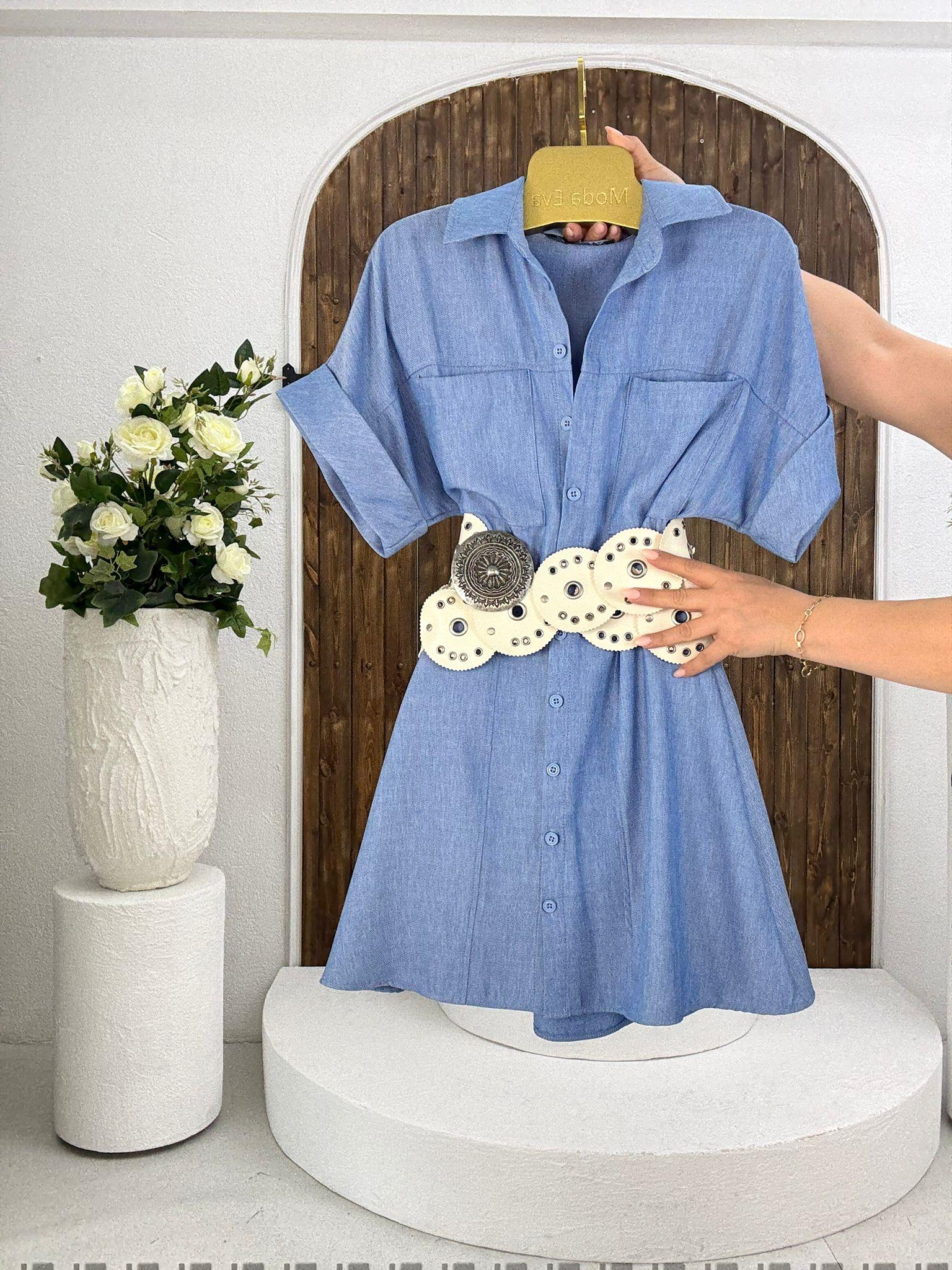 Tensel Kumaş Bel Arkası Lastikli Gömlek Elbise Kemer Dahil Değildir 