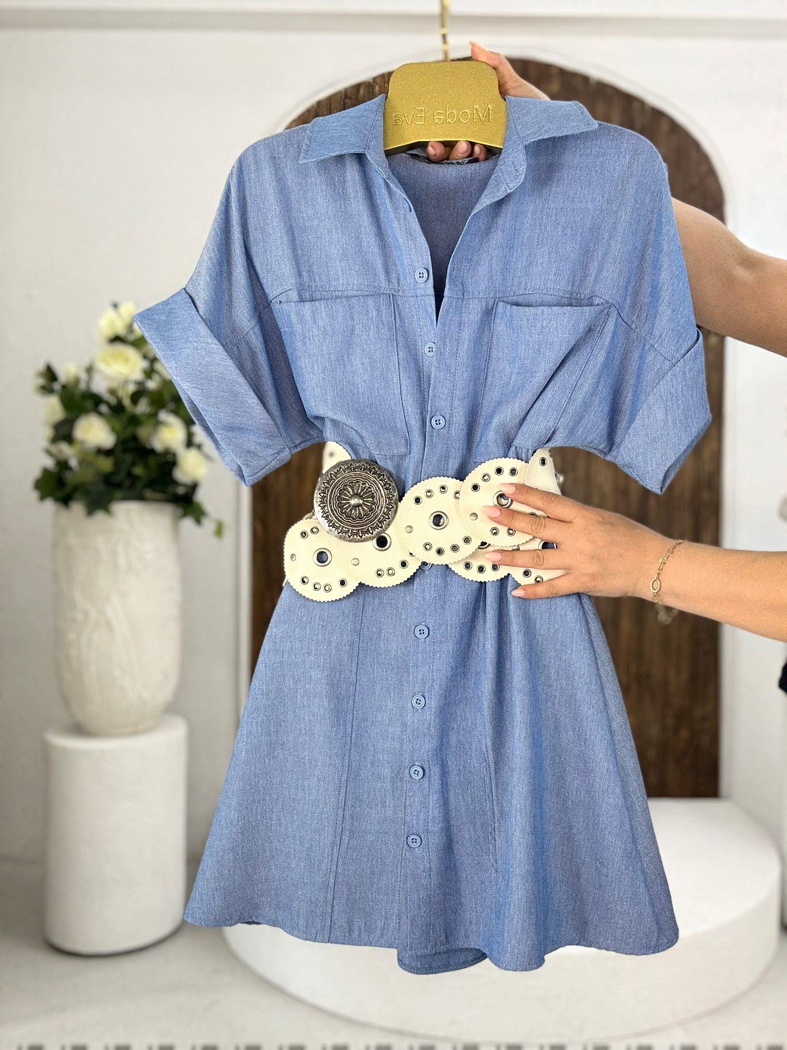 Tensel Kumaş Bel Arkası Lastikli Gömlek Elbise Kemer Dahil Değildir 