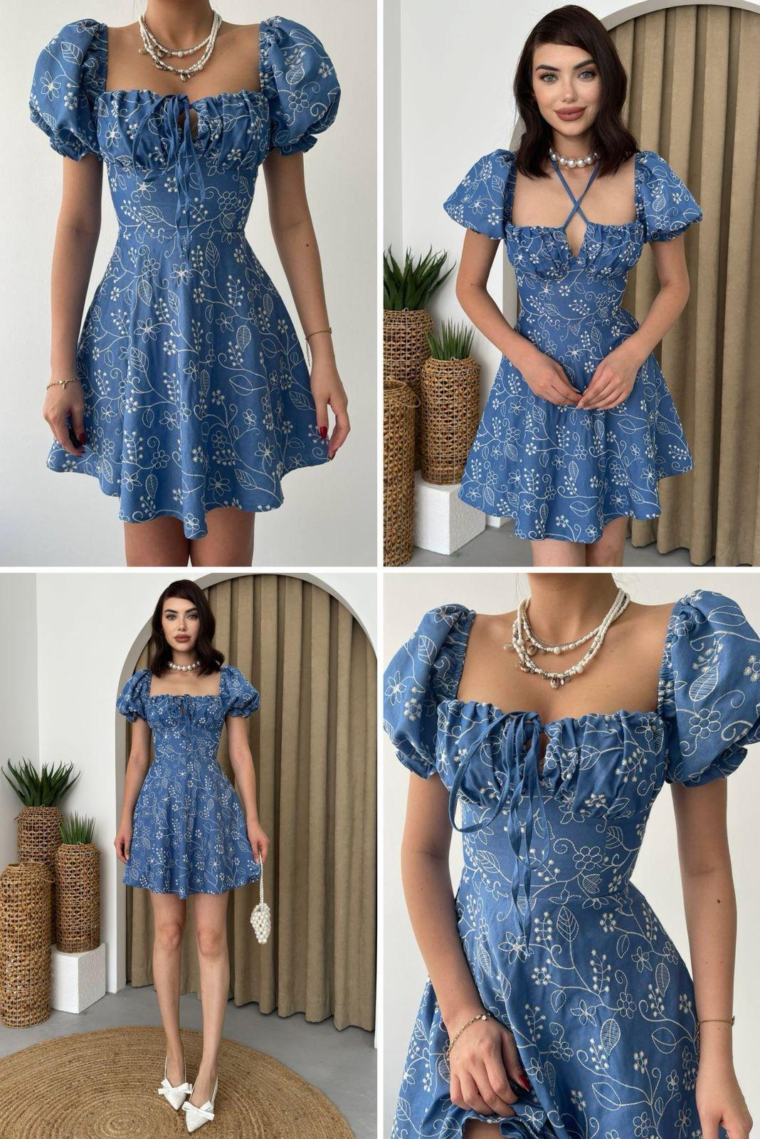 Tensel Kumaş Nakışlı Karpuz Kol Kloş Tasarım Mini Elbise