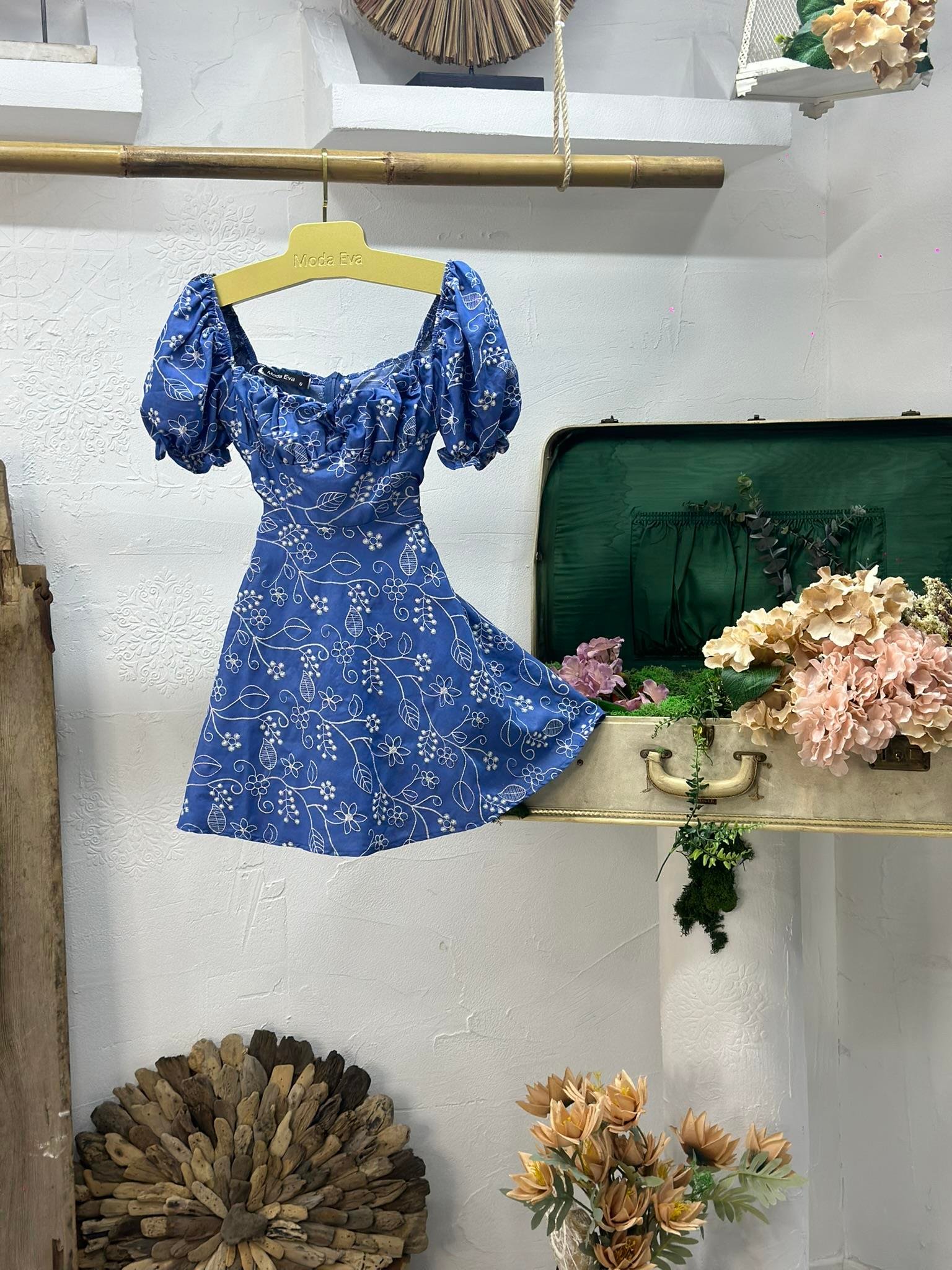 Tensel Kumaş Nakışlı Karpuz Kol Kloş Tasarım Mini Elbise