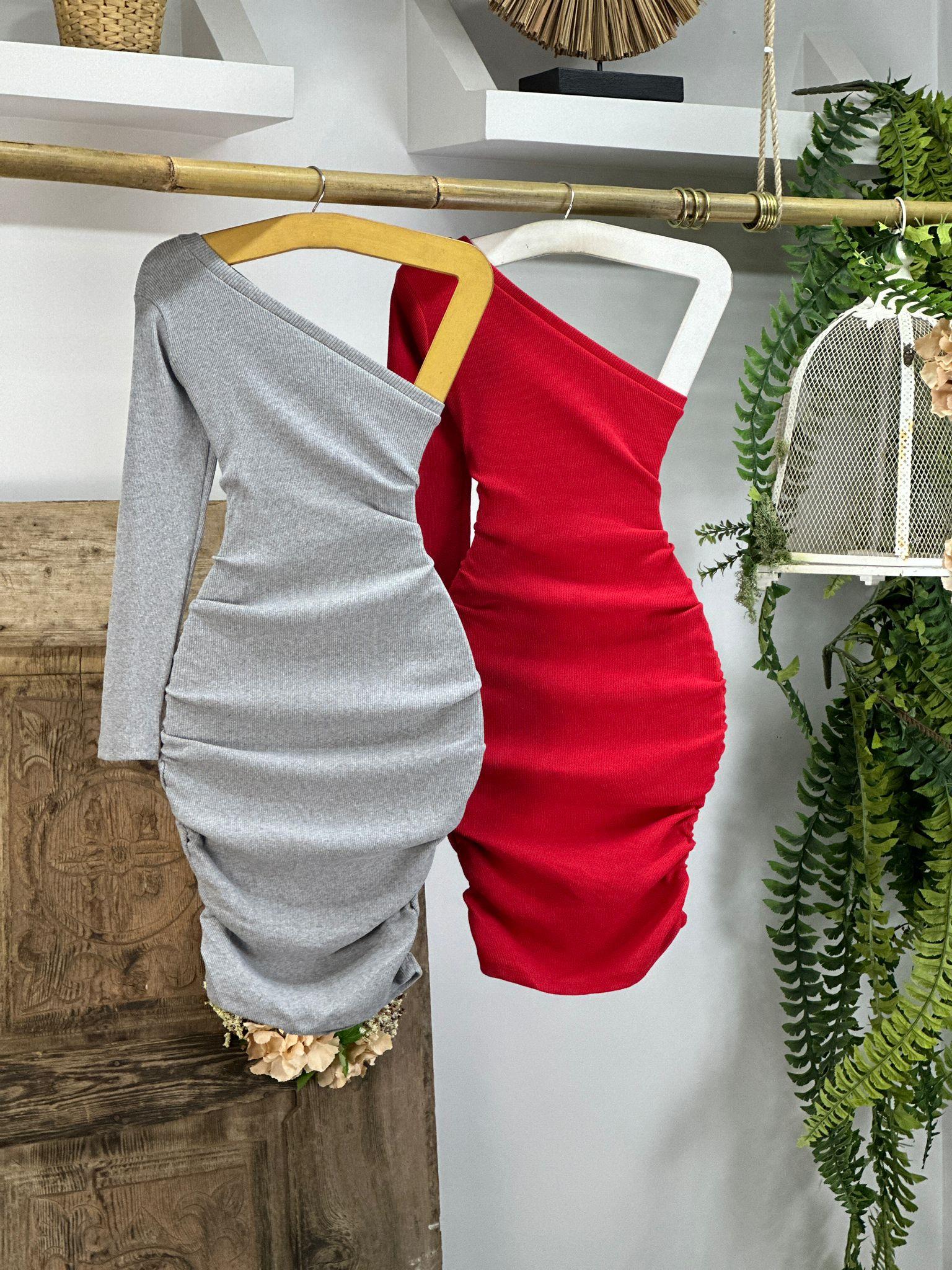 thal Kaşkorse Kumaş Tek Kol Drapeli Gri Elbise