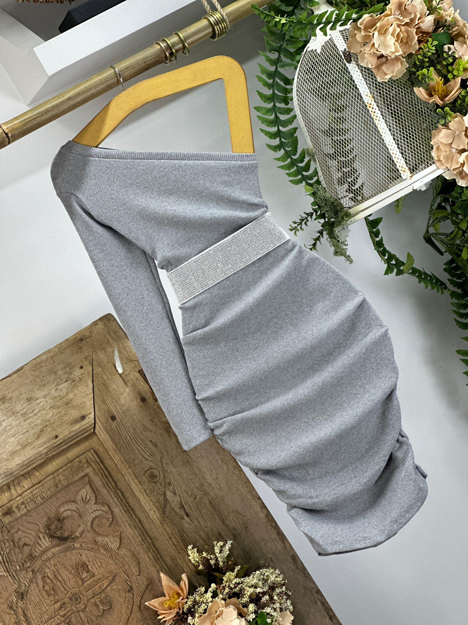 thal Kaşkorse Kumaş Tek Kol Drapeli Gri Elbise