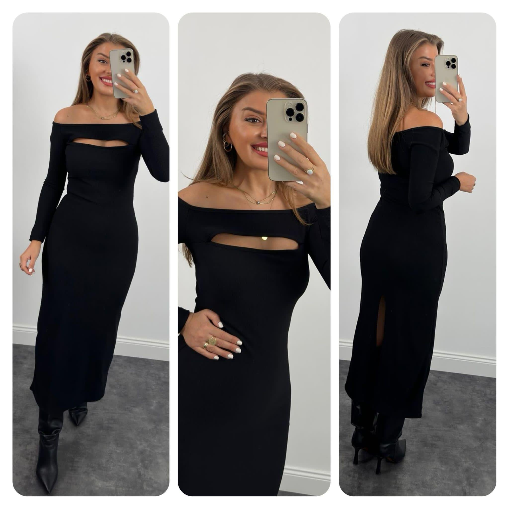 Toparlayıcı Ottoman Kumaş Damla Yaka Uzun Siyah Elbisemiz