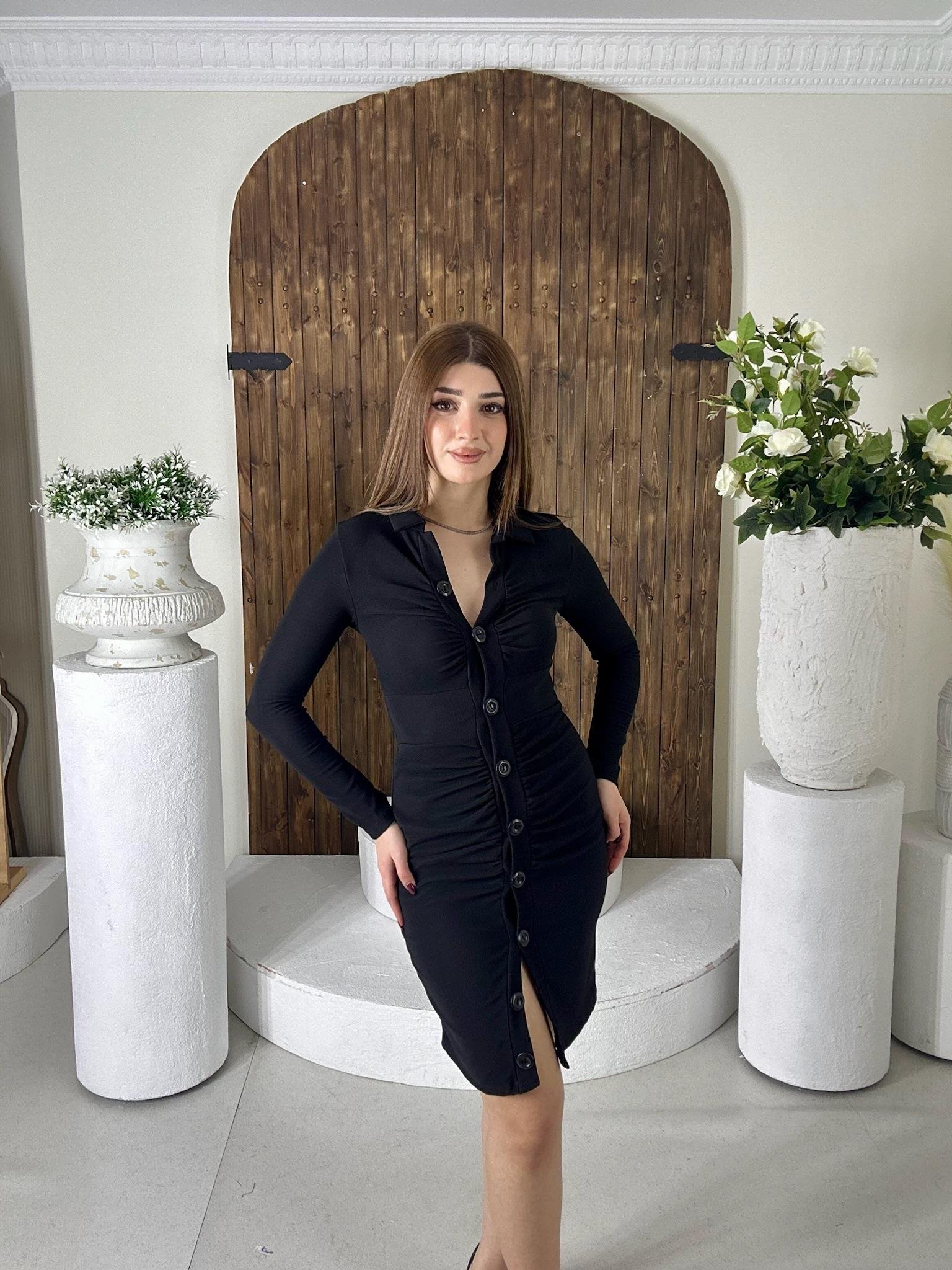 Toparlayıcı Ottoman Kumaş Drapeli Gömlek Elbise Siyah