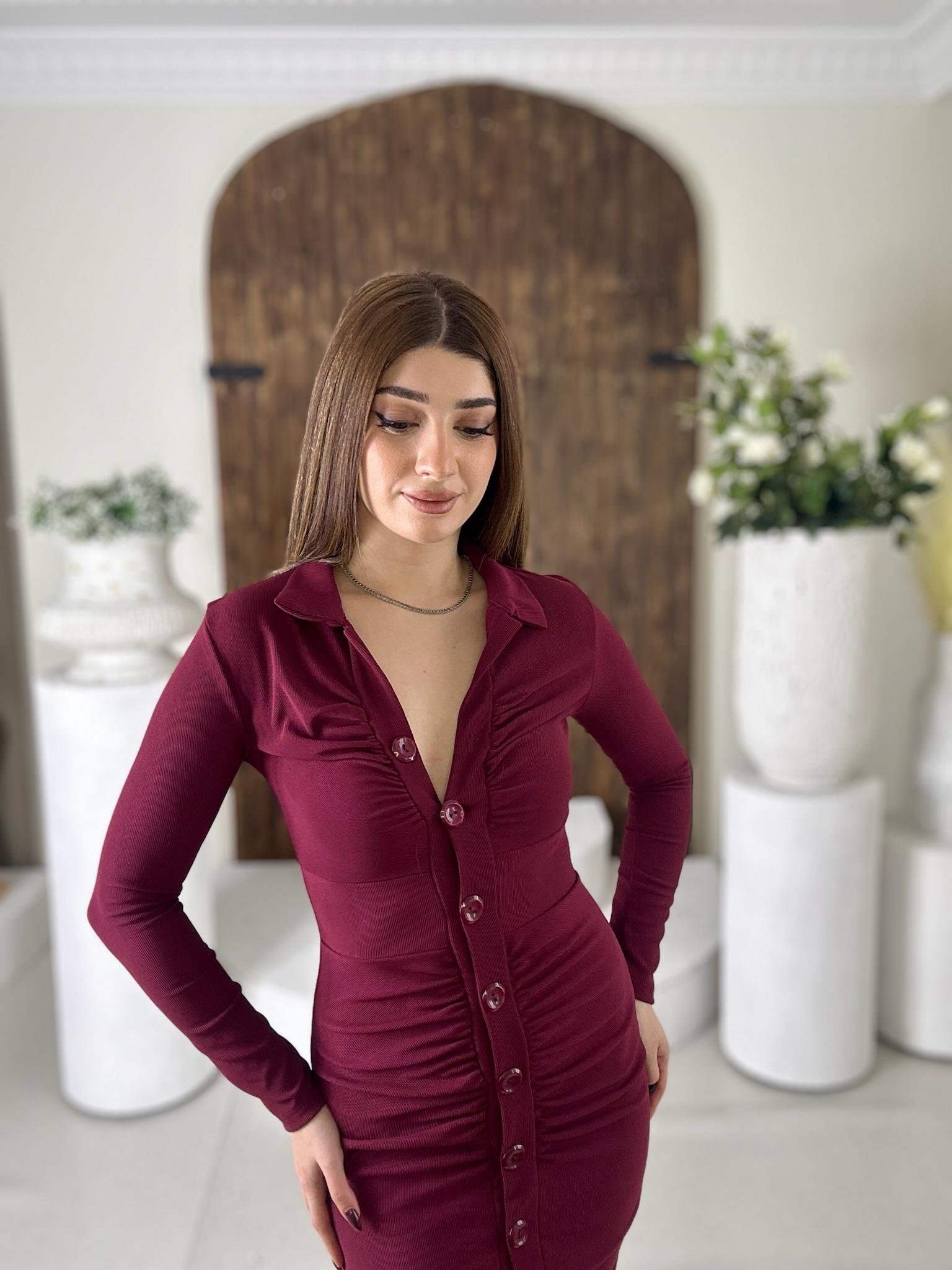 Toparlayıcı Ottoman Kumaş Drapeli Gömlek Elbise Bordo